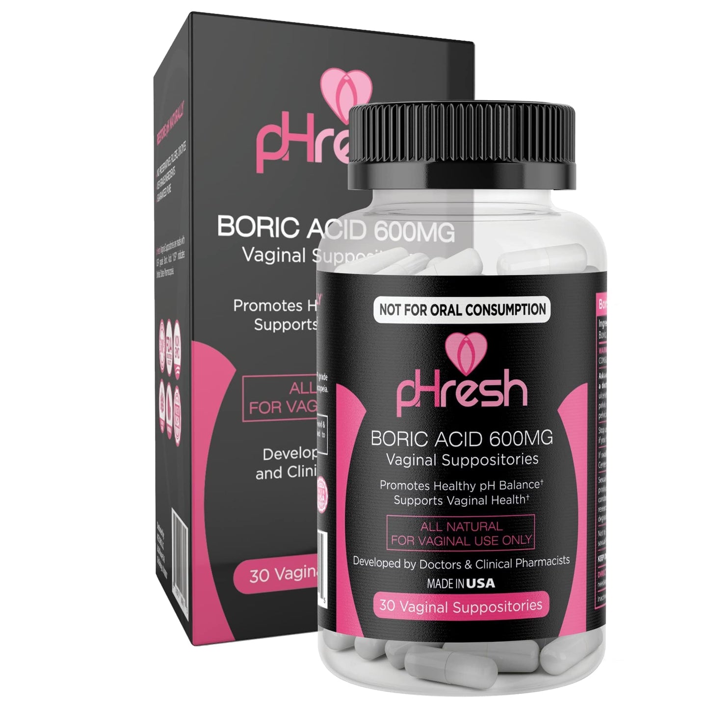 pHresh Boric Acid Suppositories for Women, Suppositories for Odor Use, Natural Feminine Care Supports Vaginal Health & Promotes Healthy pH Balance - Made in USA