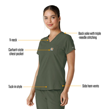 Carhartt Scrubs for Women Force Cross-Flex Tuck-in V-Neck Tops with 1 Pocket Olive