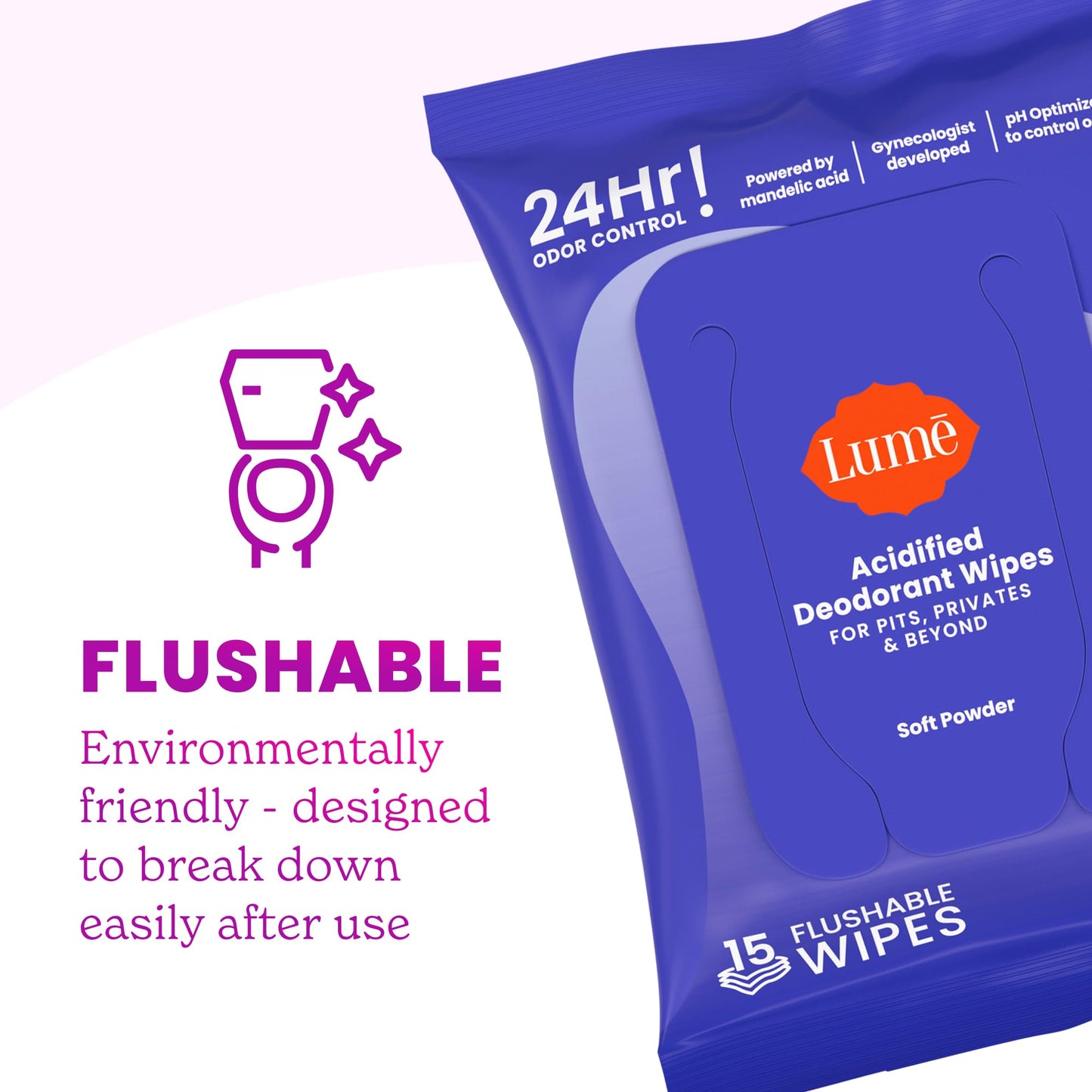 Lume Acidified Deodorant Wipes - 24 Hour Odor Control - Whole Body Deodorant Wipes - Aluminum Free, Baking Soda Free, Skin Loving - Flushable - 15 Count - 3 Pack (Soft Powder)