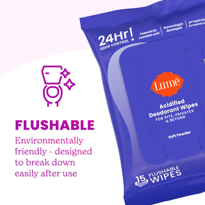 Lume Acidified Deodorant Wipes - 24 Hour Odor Control - Whole Body Deodorant Wipes - Aluminum Free, Baking Soda Free, Skin Loving - Flushable - 15 Count - 3 Pack (Soft Powder)