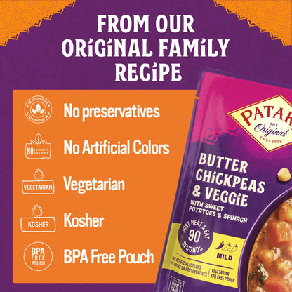 Patak’s Butter Chickpeas & Veggies - Vegetarian Ready to Eat Meal - Mild Indian Curry w/Chickpeas, Spinach & Veggies - Microwave Meal for Quick Dinners - Serve with Rice or Naan - 10.5oz (Pack of 3)
