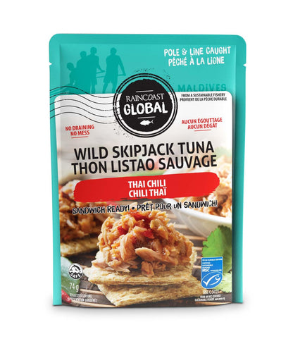 Raincoast Trading Global Wild Skipjack Tuna Pouches Thai Chili Wild Caught Certified Sustainable Pole and Line High Protein Ready to Eat Meal Prep - Pack of 6 2.6oz Pouches