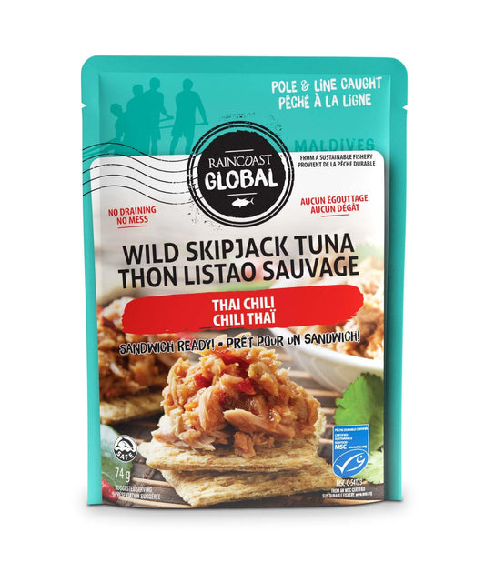 Raincoast Trading Global Wild Skipjack Tuna Pouches Thai Chili Wild Caught Certified Sustainable Pole and Line High Protein Ready to Eat Meal Prep - Pack of 6 2.6oz Pouches