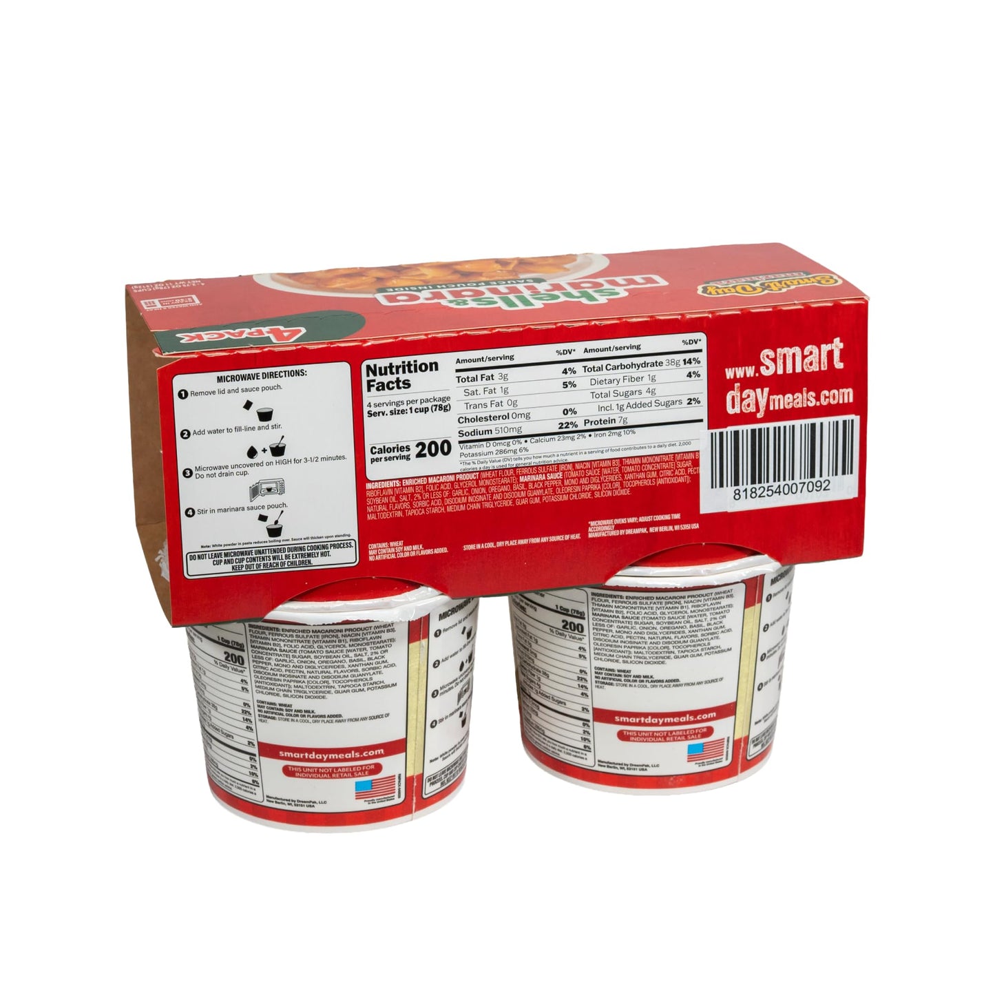 Smart Day Pasta in a Cup, 4-Pack, Quick & Delicious Instant Pasta Meal, Shelf-Stable, Ready in 3.5 Minutes, Sauce Pouch Included in Each Cup. (MARINARA)