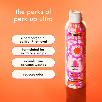 amika perk up ultra oil control dry shampoo | cleans + refreshes scalp + roots, absorbs + helps control oils, extends styles between washes, for all hair types with extra oily scalps