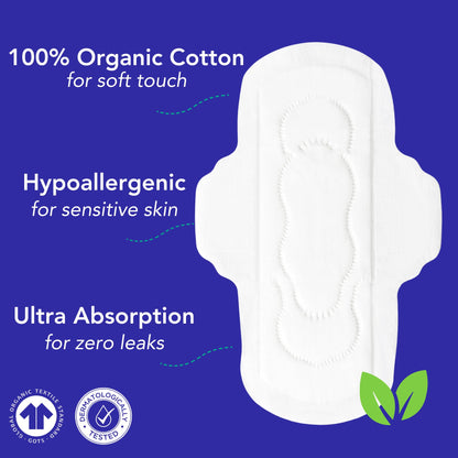 Marlow 100% Organic Cotton Pads - Free from plastic, fragrance, dyes, chlorine-bleaching, Ultra Soft, Leak Proof, Super Absorbent with extra sticky wings, Regular (Day Time), White