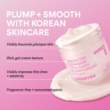 innisfree Green Tea Ceramide Collagen Plump Cream, Korean Face Moisturizer for a Youthful Glow