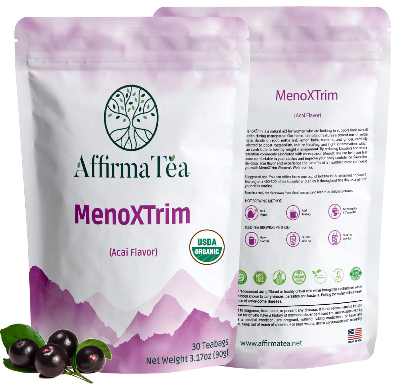MenoXTrim Organic Menopause Relief: Hormone Balance | Bloating | Hot Flashes | Excess Water | Midlife Belly | Yerba Mate, Dandelion, Nettle Leaf, Lemon Balm, Turmeric, Ginger | Natural Açai Flavor.