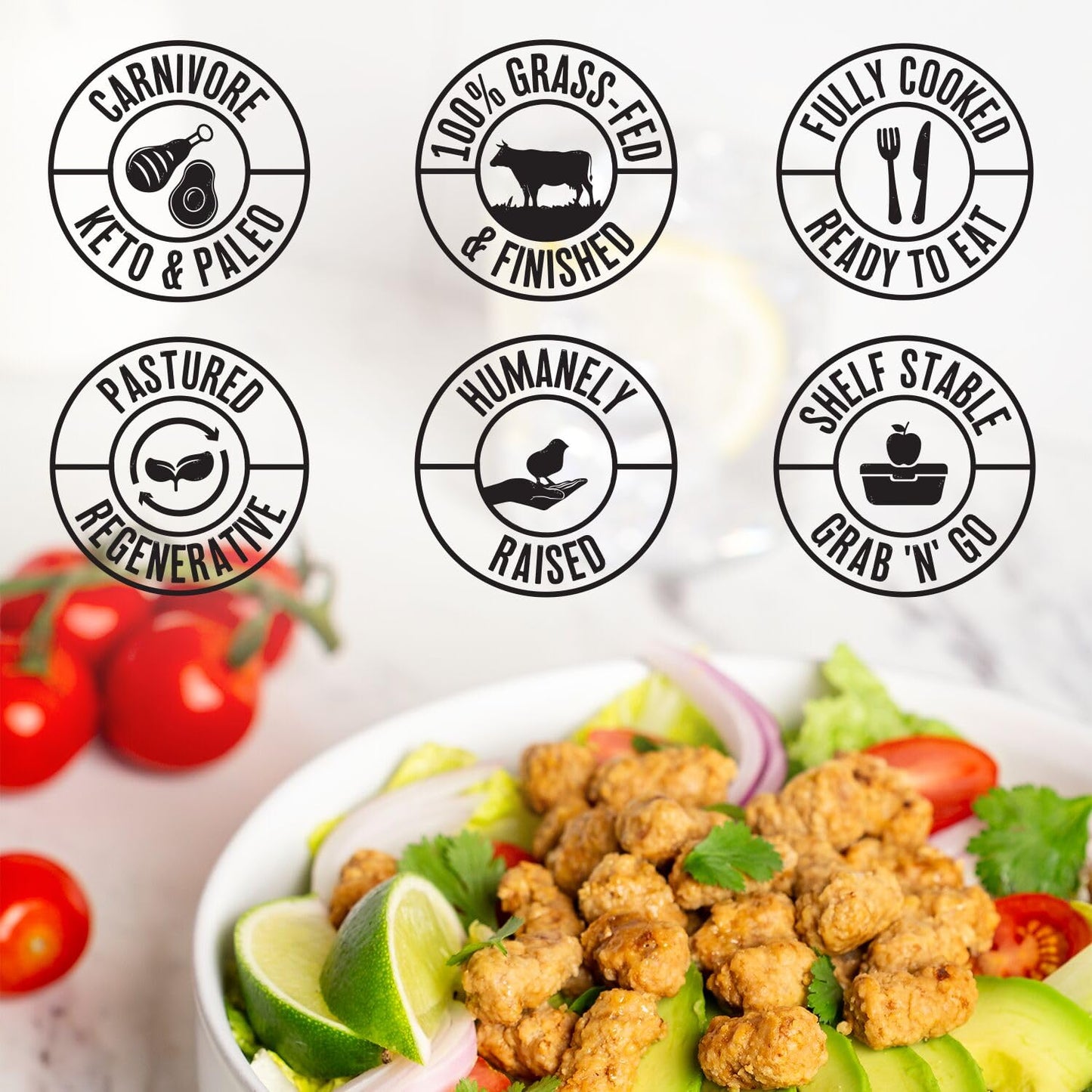 True Primal Grass-fed Beef Mini Meatballs 8-pack. Ready to eat. 1/4 lb fully cooked beef per pouch. Gluten free. Grain free. Paleo. Keto. Carnivore. Organic. Whole30. AIP.