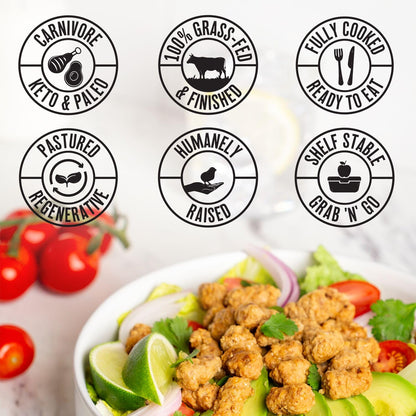 True Primal Grass-fed Beef Mini Meatballs 8-pack. Ready to eat. 1/4 lb fully cooked beef per pouch. Gluten free. Grain free. Paleo. Keto. Carnivore. Organic. Whole30. AIP.