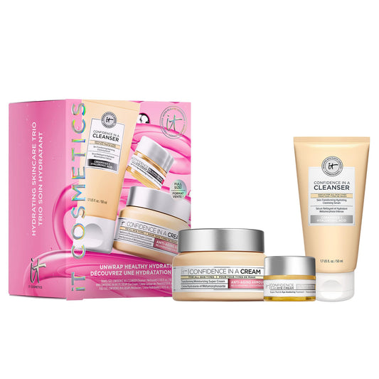 IT Cosmetics Unwrap Healthy Hydration Anti-aging Skincare Set, 3-Pc Holiday Giftset for Her - Confidence in a Cream Face Moisturizer (Full Size) & Gentle Facial Cleanser & Smoothing Eye Cream