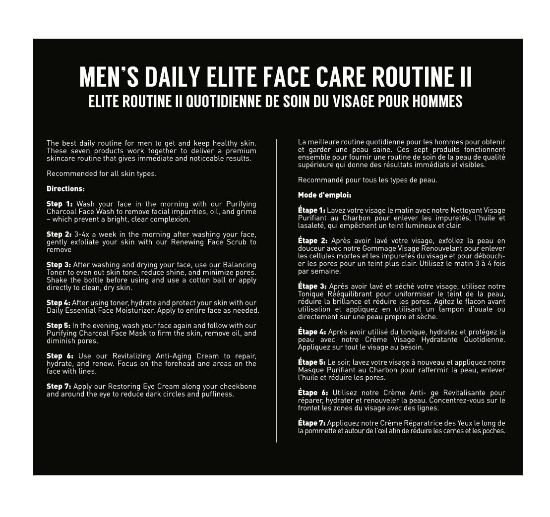 Brickell Men's Daily Elite Face Care Routine II, Toner, Charcoal Facial Wash, Face Scrub, Anti-Aging Night Cream, Eye Cream, Charcoal Mask and Moisturizer, Natural and Organic, Scented