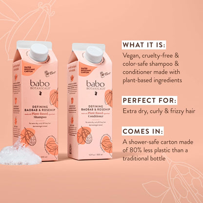 Babo Botanicals Defining Baobab & Rosehip Shampoo + Bundle with Conditioner – For extra dry, curly hair – Smooth & Define – Passion Fruit Ferment for scalp