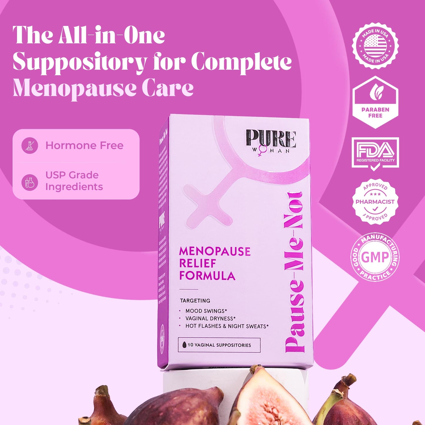PURE WOMAN - Pause-Me-Not Suppositories - Menopausal Symptom Relief - Natural Ingredients - Relieves Hot Flashes & Vaginal Dryness - Promotes Stable Mood - Enhanced Vaginal Relief - 10 Pk