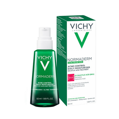 VICHY Normaderm Acne Control Daily Moisturizer, Oil Free Acne Moisturizer For Face, Max Strength 2% Salicylic Acid + Hyaluronic Acid + Vitamin C, Targets Blackheads, Blemishes & Enlarged Pores