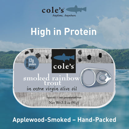 COLE’S - Smoked Trout Fillet with Extra Virgin Olive Oil | 3.2oz Hand-Packed Canned Fish | High in Protein & Vitamin D | Preservative Free | Pack of 5
