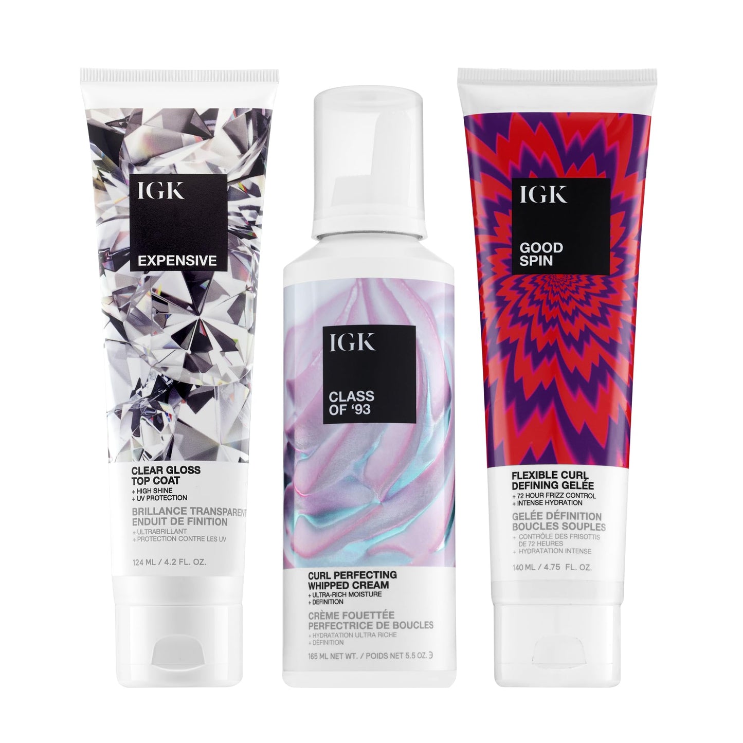 IGK Expensive Shine Gloss Treatment + Class of ’93 Texture & Hold Cream + Good Spin Curl Defining Gelee – Styling & Shine Hair Trio for Definition, Smoothness & Frizz Control – Vegan & Cruelty-Free