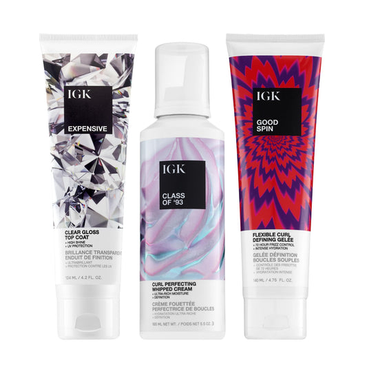 IGK Expensive Shine Gloss Treatment + Class of ’93 Texture & Hold Cream + Good Spin Curl Defining Gelee – Styling & Shine Hair Trio for Definition, Smoothness & Frizz Control – Vegan & Cruelty-Free