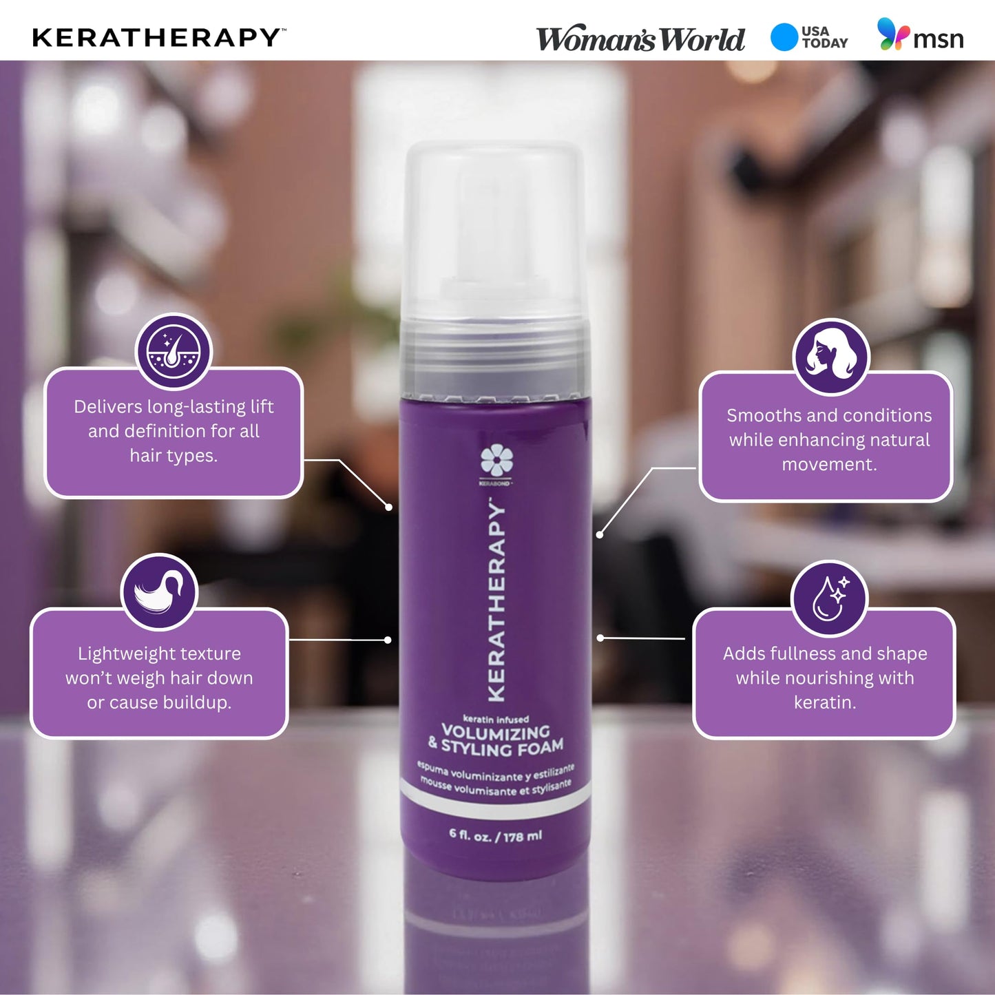 KERATHERAPY Keratin Infused Volumizing Nourishing Styling Foam, 6 fl. oz., 178 ml - Hair Styling Foam with Sunflower Oil, Linseed Oil, & Olive Fruit for Shine & Frizz Control - Volumizing Mousse