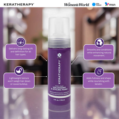 KERATHERAPY Keratin Infused Volumizing Nourishing Styling Foam, 6 fl. oz., 178 ml - Hair Styling Foam with Sunflower Oil, Linseed Oil, & Olive Fruit for Shine & Frizz Control - Volumizing Mousse