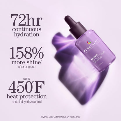 Pureology Hydrate Glow Catcher Hair Oil - Up to 72 Hours of Hydration & Shine, All Day Frizz Control, For Dry Hair, Lightweight Heat Protectant, Color Safe