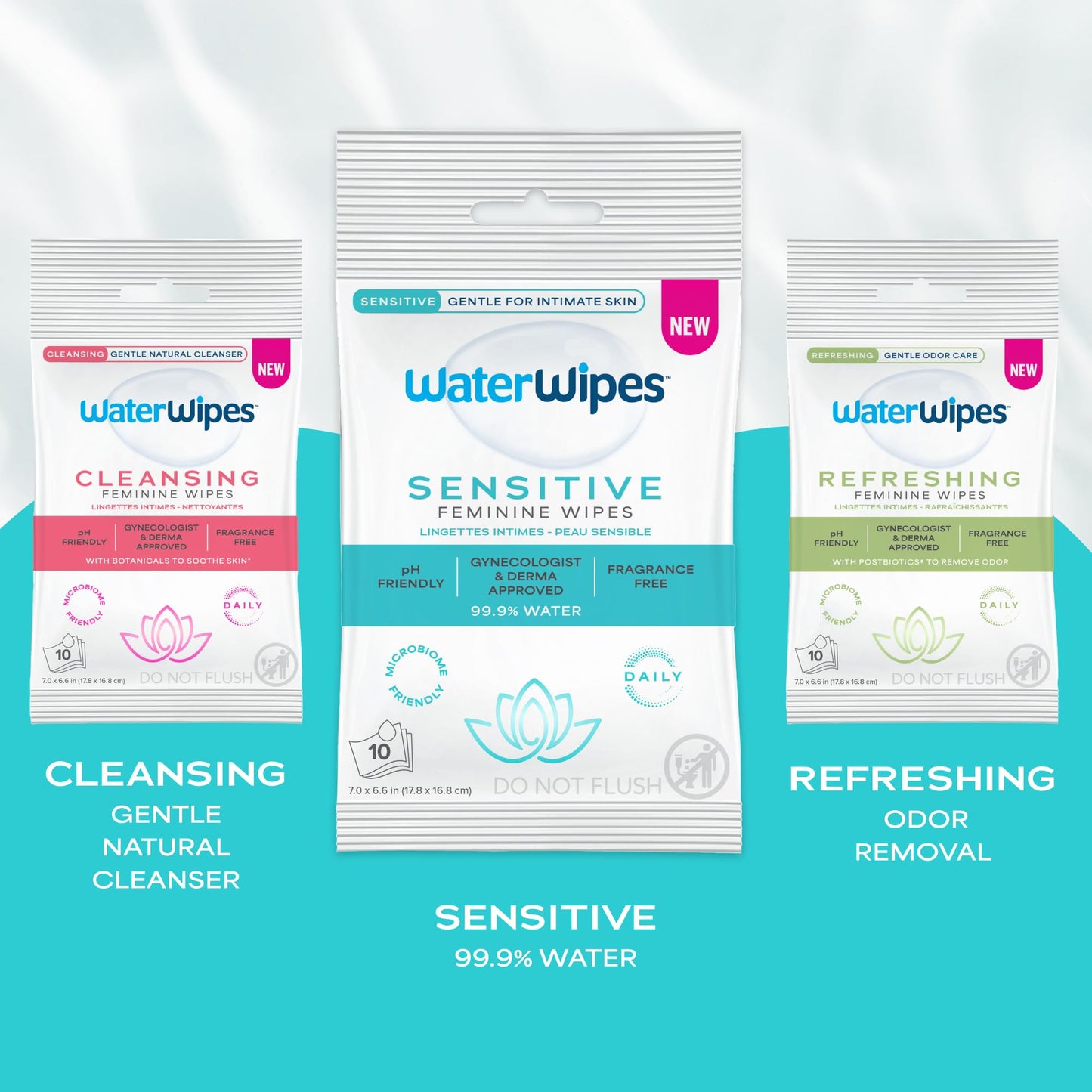 WaterWipes Sensitive Feminine Wipes, 99.9% Purified Water, pH Friendly for Daily Intimate Care, Gynecologist Approved, Fragrance Free, 50 Count (5 Packs)