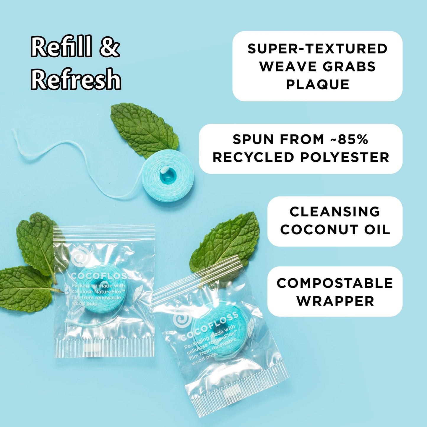 Cocofloss Woven Dental Floss Refill, Dentist-Designed Oral Care, Delightful Mint, Waxed, Expanding, Vegan, Kid-Friendly String Floss with Coconut Oil, 1 Refill Spool (33 yd)