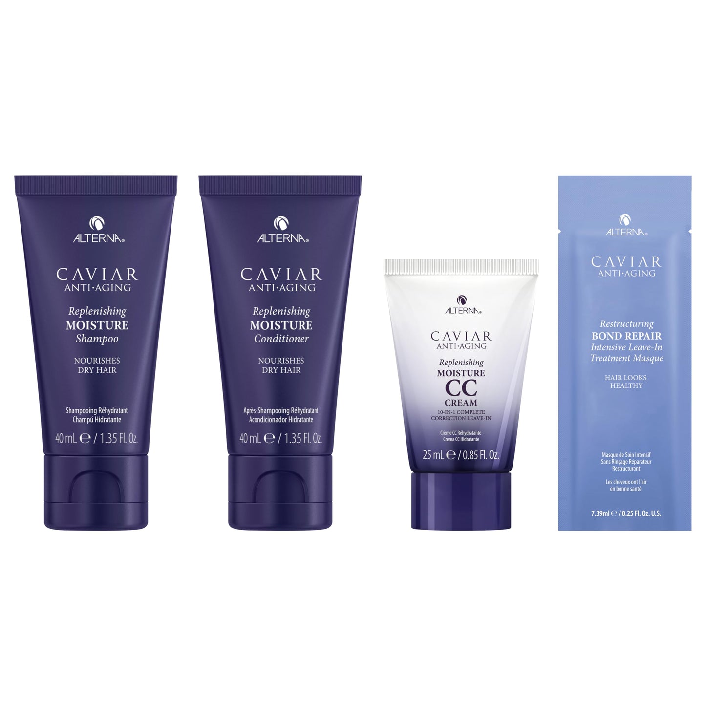 Alterna Haircare CAVIAR Anti-Aging Replenishing Moisture Trial Kit - Shampoo, Conditioner, Leave-In CC Cream | For Dry, Brittle Hair | Protects, Restores and Hydrates | Sulfate Free