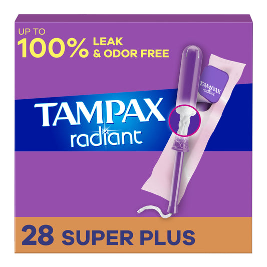 Tampax Radiant Tampons with LeakGuard Braid, Super Plus Absorbency, Unscented, 28 Count x 3 Pack (84 Count Total)