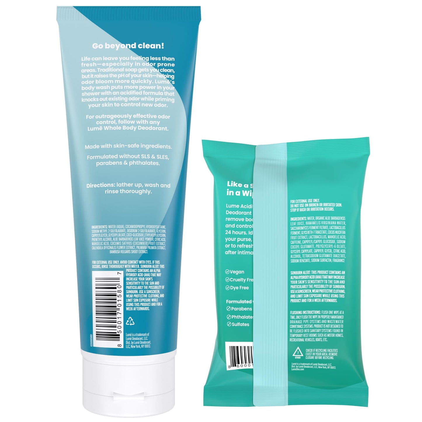 Lume Acidified Body Wash (Unscented) and Acidified Deodorant Wipes (Cool Cucumber) - 24 Hour Odor Control - Removes Odor Better than Soap - Moisturizing Formula - Aluminum Free, Baking Soda Free
