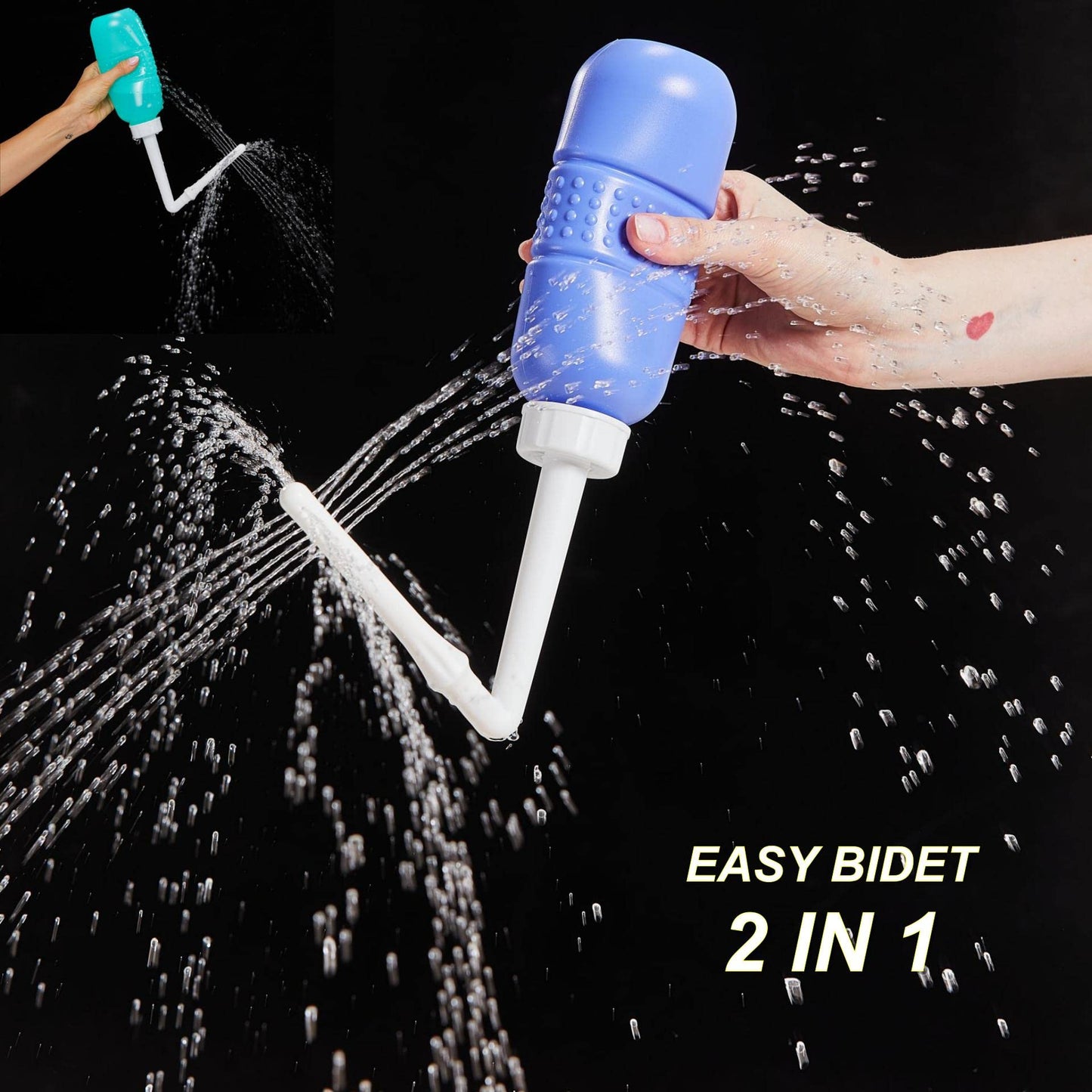 2PCS-Pack 2IN1 Intimate Wash for Women,2 Nozzle（Short+Long）,Portable Bidet Travel Bidets with Waterproof Cap + Storage Bag,Peri Bottle for Postpartum Care (Pink+Green)