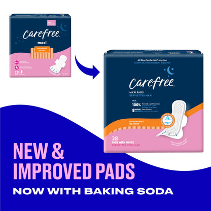 Carefree Maxi Pads for Women, Overnight Pads with Wings, 28ct | Carefree Pads, Feminine Care, Period Pads & Postpartum Pads | 28ct (Pack of 1)