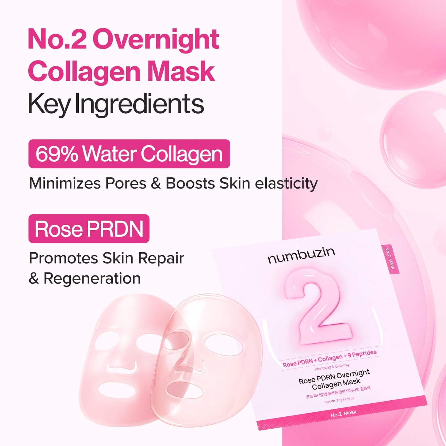 numbuzin No.2 Overnight Face Mask | Rose PDRN Overnight Collagen Mask | Korean Glass Skin Essential | Elasticity, Hydrating, Firming, Enlarged Pores | Collagen, Peptides, PDRN | 37g, 4ea