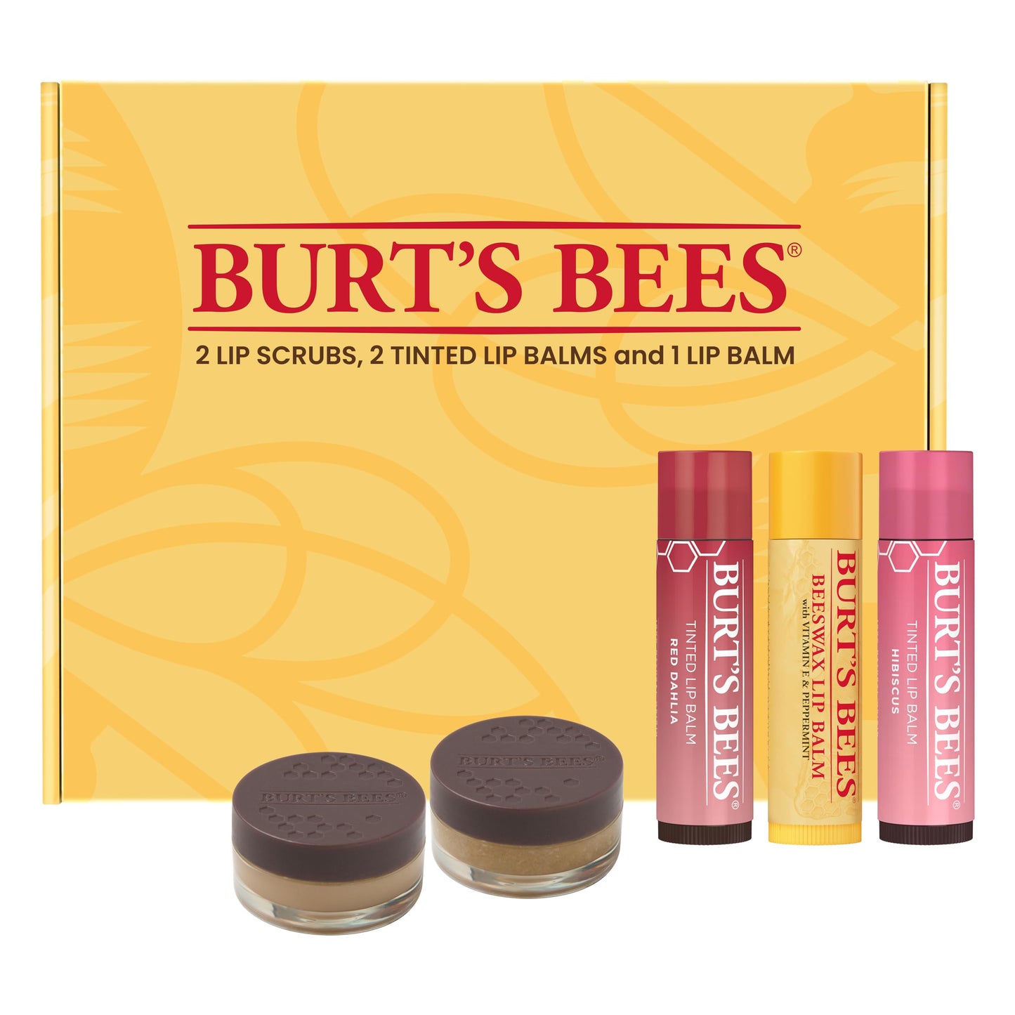 Burt's Bees Lip Care & Color Gifts Kit - Original Beeswax Moisturizing Lip Balm, Hibiscus & Red Dahlia Tinted Stain + Balm Duos, Conditioning Scrub & Overnight Sleeping Mask Exfoliator