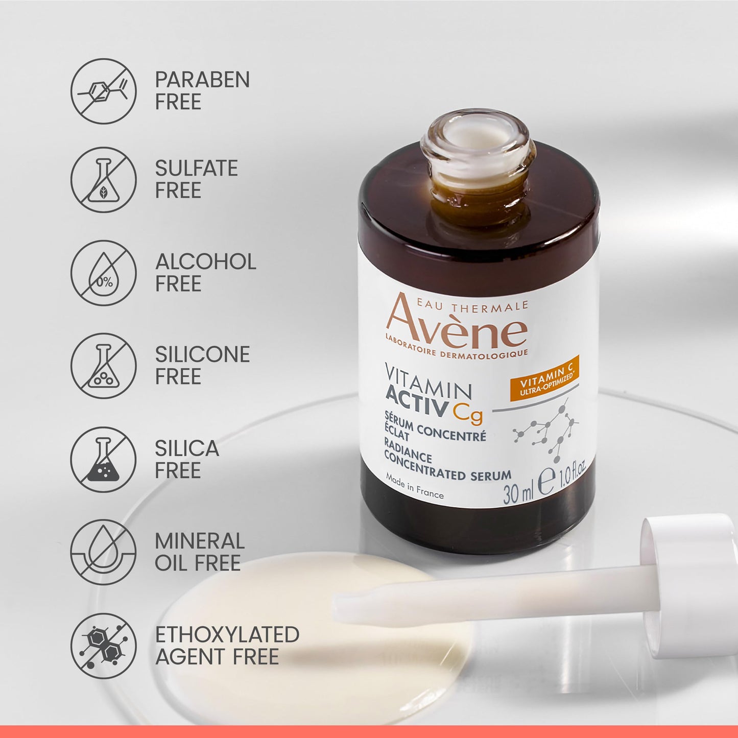 Avène Vitamin Activ Cg Radiance Concentrated Serum, Radiance Boosting Vitamin C Serum, powered by Vitamin Cg + Niacinamide + Bakuchiol, Visbily Reduce Wrinkles, Dark Spots & Fine Lines, 1 FL Oz