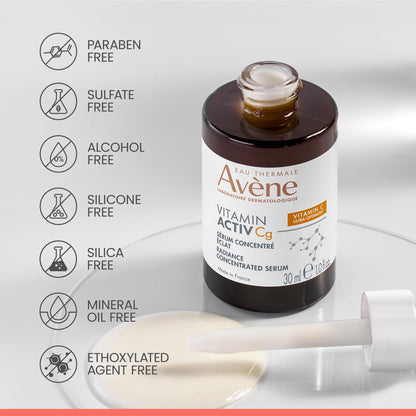 Avène Vitamin Activ Cg Radiance Concentrated Serum, Radiance Boosting Vitamin C Serum, powered by Vitamin Cg + Niacinamide + Bakuchiol, Visbily Reduce Wrinkles, Dark Spots & Fine Lines, 1 FL Oz