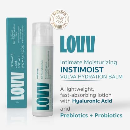 LOVV Instimoist Vulva |2 Oz| Moisturizer Lotion Fast Absorbing with Hyaluronic Acid Prebiotics and Probiotics for Daily Feminine Care Soothes Dryness and Restores Balance to Sensitive Intimate Skin