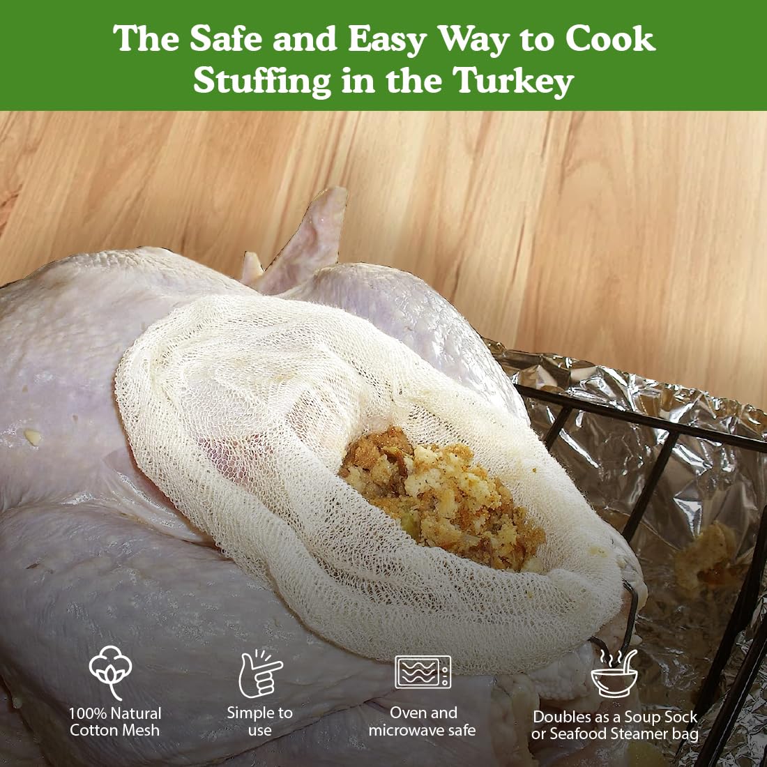 Regency Wraps Turkey Stuffing Bags, 100% Cotton Mesh Bag Allows Poultry Juice to Flavor Dressing with Mess-Free and Safe Removal, Pack of 2, Natural