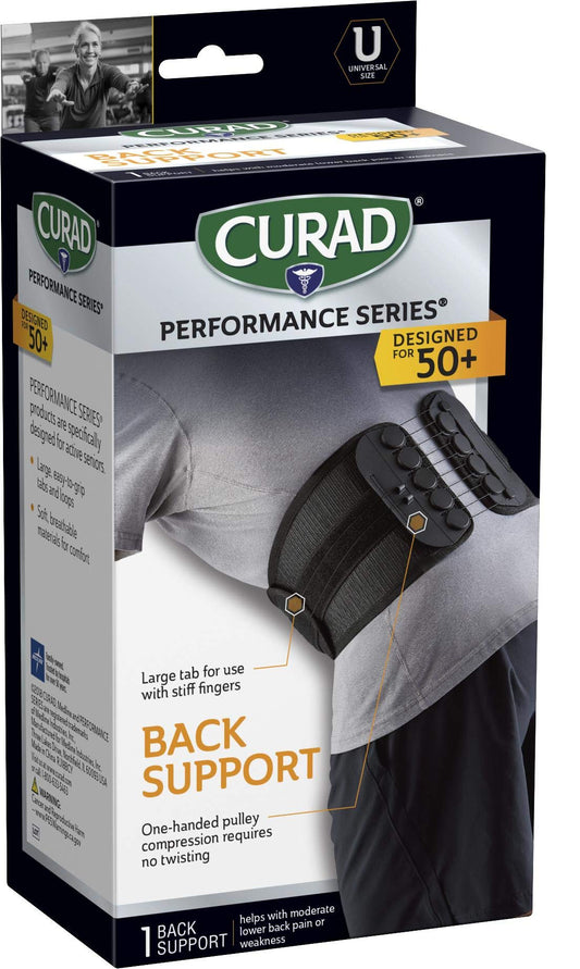 CURAD Performance Series Back Support Designed for Active Seniors 50+, Large Easy to Grip Tabs & Loops for Easier Application, Helps with Moderate to Lower Back Pain