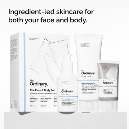 The Ordinary Face & Body Set Daily Skincare Routine with Niacinamide 5% Face & Body Emulsion, Natural Moisturizing Factors + Inulin Body Lotion, and Natural Moisturizing Factors + Hyaluronic Acid