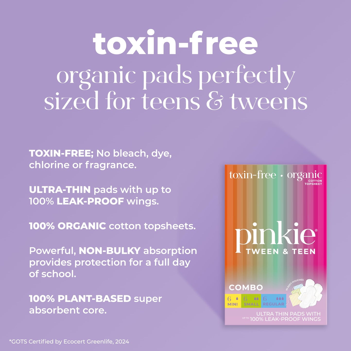 Pinkie Period Starter Pads - Designed for Smaller Underwear - Organic Cotton Topsheet Tween & Teen Pads with Wings - Chlorine Free & Fragrance Free - Teen Combo Pack, 18 Count