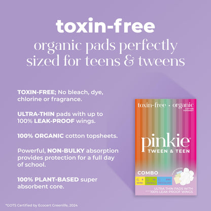 Pinkie Period Starter Pads - Designed for Smaller Underwear - Organic Cotton Topsheet Tween & Teen Pads with Wings - Chlorine Free & Fragrance Free - Teen Combo Pack, 18 Count