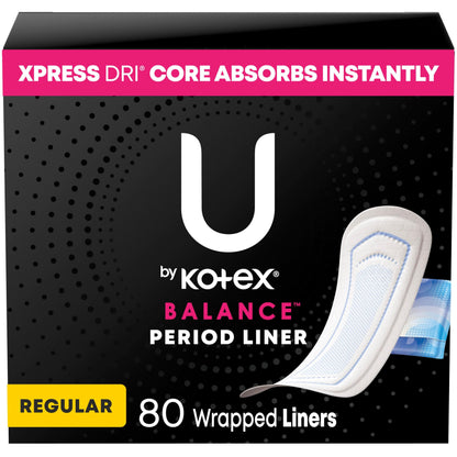 U by Kotex Balance Wrapped Panty Liners, Regular Length, 80 Count (Packaging May Vary)