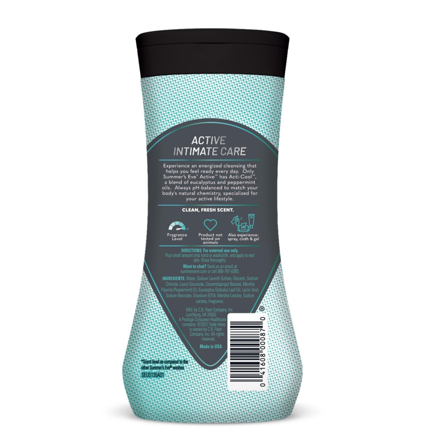 Summer's Eve Active Daily Performance Feminine Wash, pH-Balanced Body Wash for Women, Removes Vaginal Odor with Scents of Eucalyptus & Peppermint, 12 Fl Oz