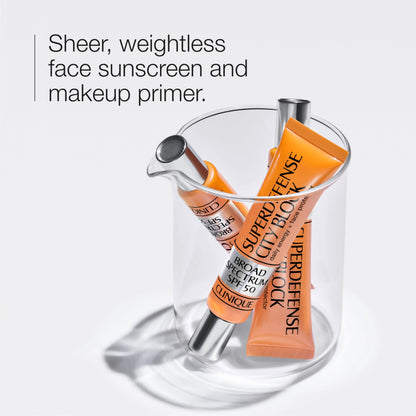 Clinique Superdefense City Block Oil Free Broad Spectrum SPF 50 Daily Energy + Face Protector | Sheer, Weightless Makeup Primer + Sunscreen, 1.4 Fl Oz