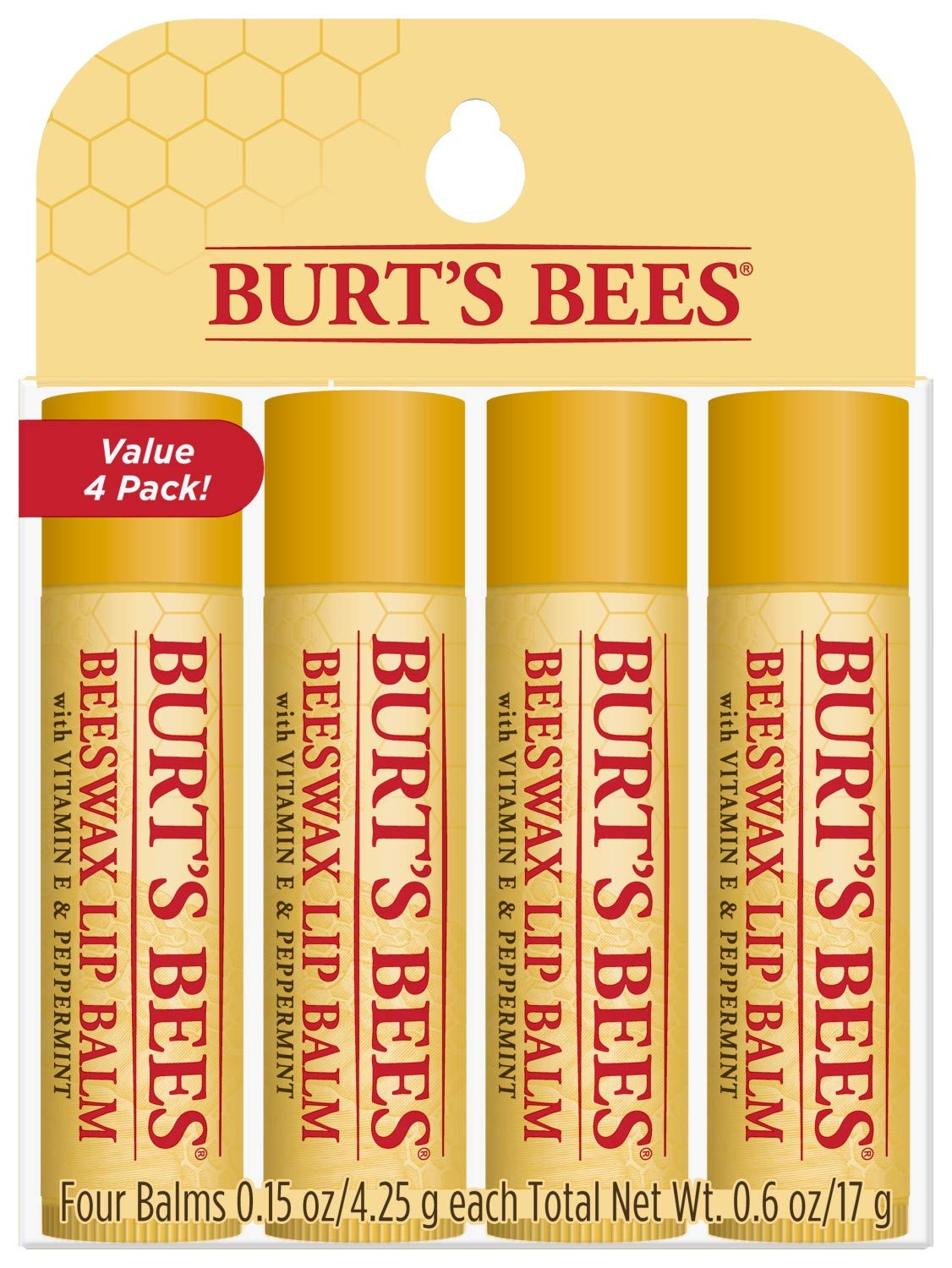 Burt's Bees Lip Balm Stocking Stuffers, Moisturizing Lip Care Holiday Gift, 100% Natural, Original Beeswax with Vitamin E & Peppermint Oil (4 Pack)