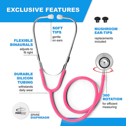 Primacare DS-9290-PK Adult Size 22 Inch Stethoscope for Diagnostics and Screening Instruments, Lightweight and Aluminum Double Head Flexible Stethoscope, Pink