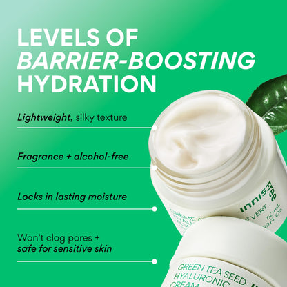 innisfree Green Tea Seed Hyaluronic Acid Cream with Skin Barrier Boosting Complex & Ceramide, Hydrating Korean Face Moisturizer Available in Sets & Jumbo