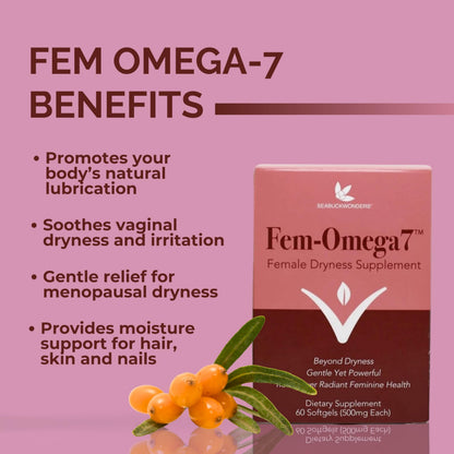 SeabuckWonders Organic Fem-Omega7 Vaginal Moisture Support Softgels, 60 Count, 30 Day Supply, Sea Buckthorn Oil Vaginal Moisturizer, Supports Female Dryness, Feminine Care
