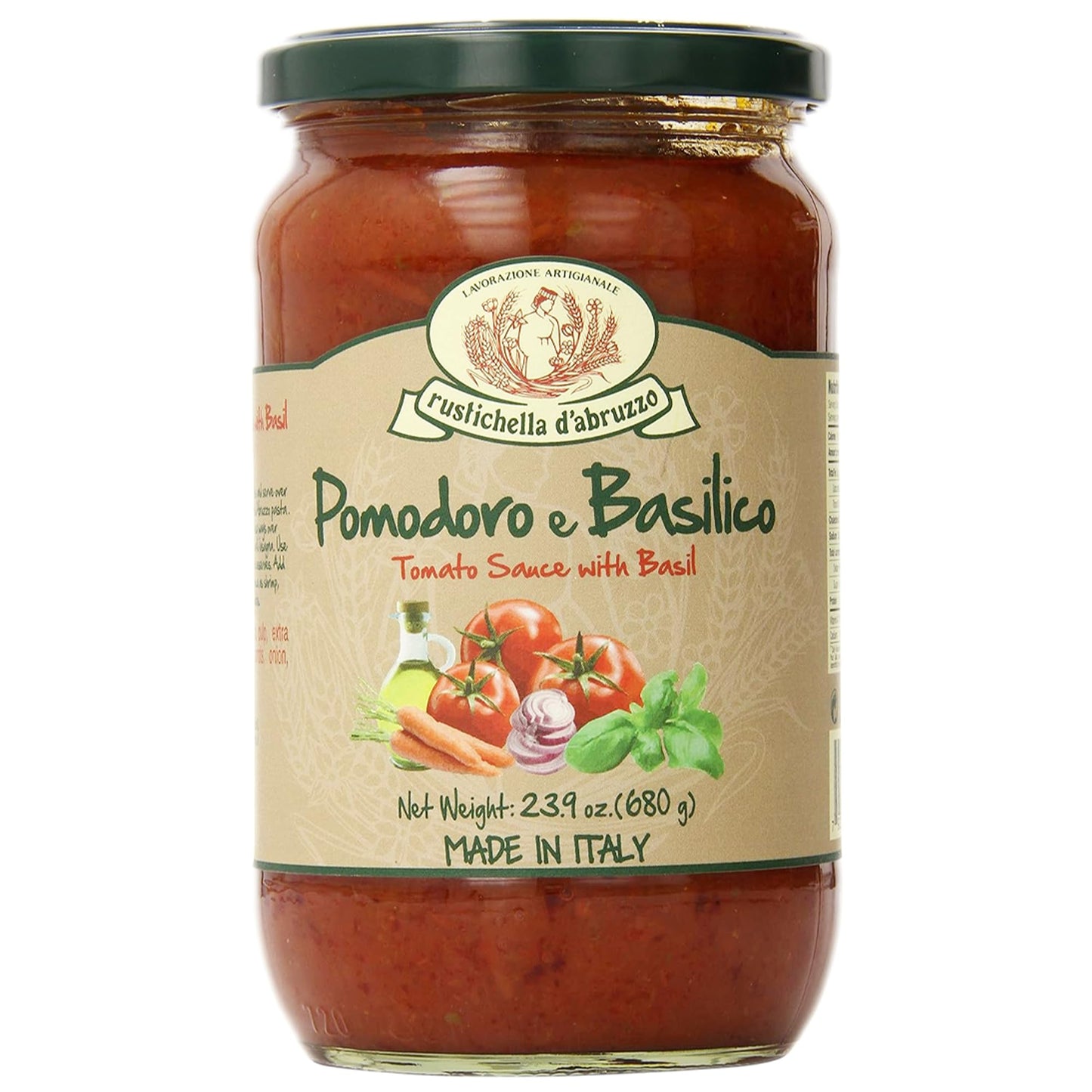 Rustichella d'Abruzzo Tomato & Basil Sauce | Authentic Italian Tomato Sauce with Fresh Basil & Olive Oil | Vegan | Perfect for Pasta, Pizza, Spaghetti & Marinara (23.9 oz / 680 g)